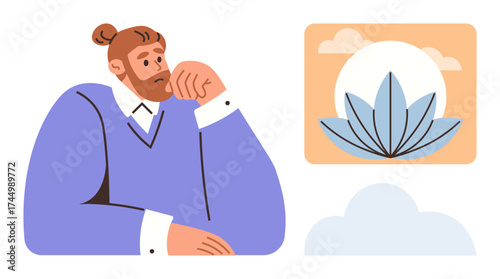 Man with hand on chin deep in thought next to serene lotus and sun symbol. Ideal for mindfulness, meditation, reflection, calmness, focus, wellness, simple flat metaphor