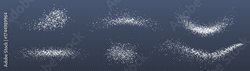 Salt or sugar powder spray set with white particles for cooking and baking design. Scattered granules on transparent background. Food seasoning effects for culinary graphics or kitchen recipes.