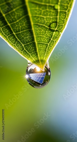Dewdrop Reflecting Solar Panel on Leaf.