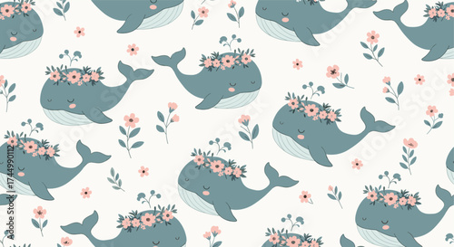 Cute cartoon whales with floral crowns on a white background.