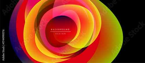 Abstract layers create vibrant, colorful oval shapes. Gradient hues blend smoothly, forming dynamic visual effect. Modern design element.