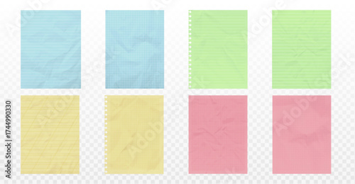 Colorful paper notebook with grid set - blue and green, yellow and pink sheets for school or office. Lined and squared pages with spiral binding for notes. Pastel stationery for writing or planning.