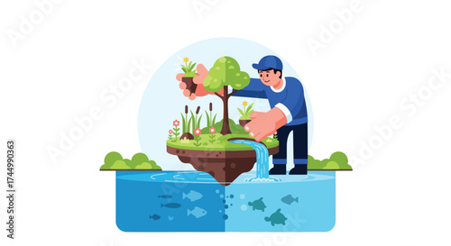 Gardener watering a floating island with plants and fish below.