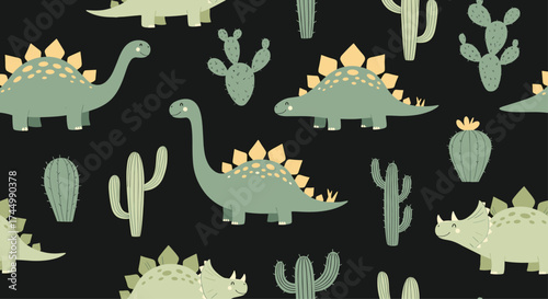 A whimsical pattern of cartoon dinosaurs and cacti.