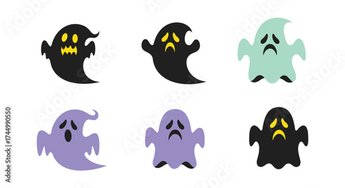 Set of six cute and spooky ghost illustrations for Halloween.