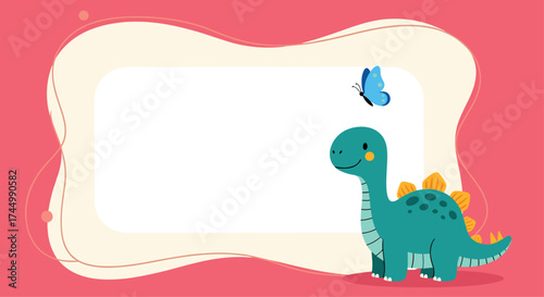 A cute cartoon dinosaur with a butterfly flying above.