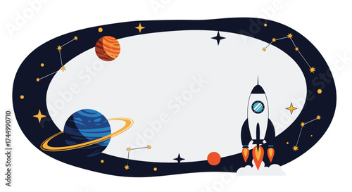 Exploring the vastness of space with a rocket ship among planets and stars.