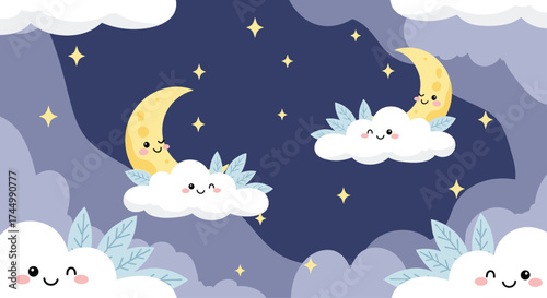 Cute moons and clouds on a starry night background.