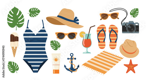 A collection of summer vacation essentials and beach accessories for a perfect getaway.