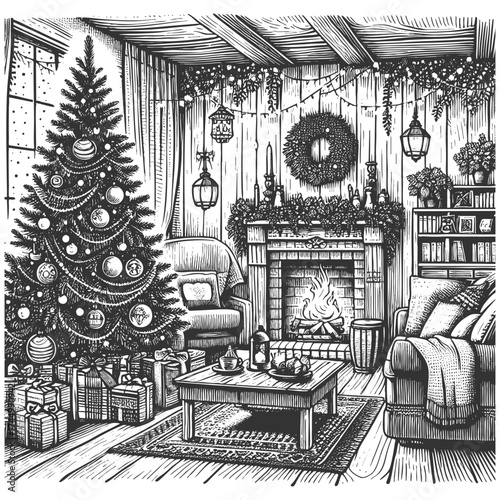 festive living room with a decorated Christmas tree, presents, and warm holiday atmosphere sketch engraving generative ai vector illustration. Scratch board imitation. Black and white image.
