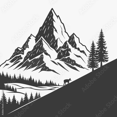 A striking monochrome illustration of a towering mountain landscape, complete with majestic peaks, lush pine trees, and a solitary deer gracefully traversing the slopes