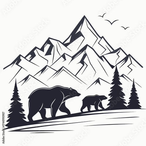 A charming monochrome illustration of a serene mountain scene, featuring a mother bear and her cub strolling amidst towering pine trees, with birds soaring overhead