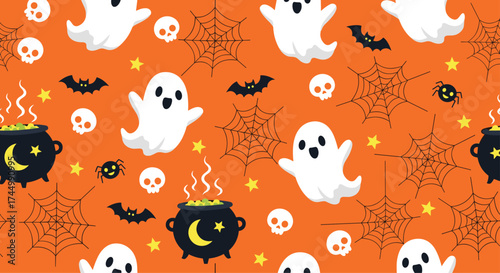 Spooky ghosts bats and cauldrons on an orange halloween pattern.