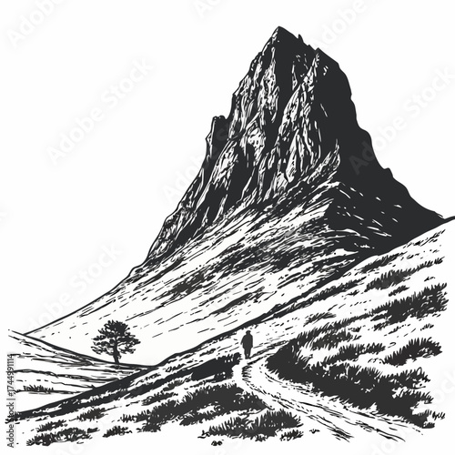 A solitary figure walks along a winding path towards a majestic mountain peak, with a lone tree standing in the foreground, a serene landscape unfolds