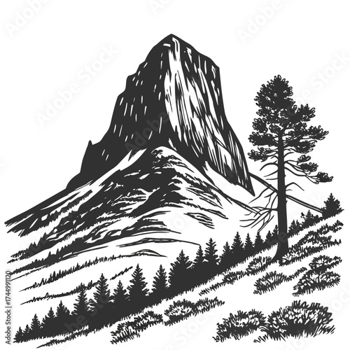 A majestic mountain peak with a lone pine tree, creating a serene and aweinspiring landscape a captivating scene of natures grandeur