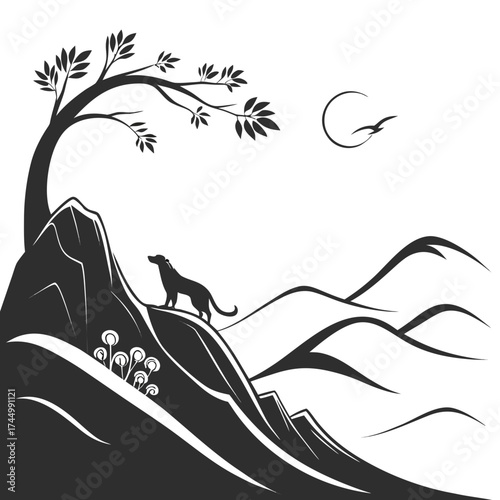 A dog stands atop a rocky hill beneath a tree, gazing at the moon and a flying bird, a peaceful and serene nature scene unfolds