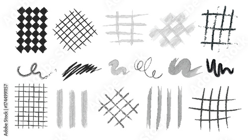 Hand drawn crayon grid patterns with crosshatch textures, brush strokes and scribbles for artistic backgrounds or overlays. Black and gray markings with rough edges. Organic graphic design elements.
