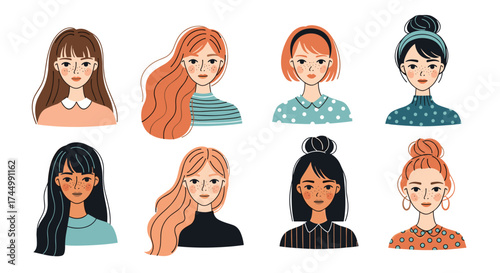 Collection of diverse female portraits with varying hairstyles and skin tones.