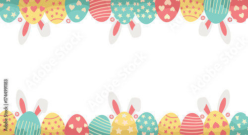 A festive assortment of decorated Easter eggs and bunny ears borders a white space.