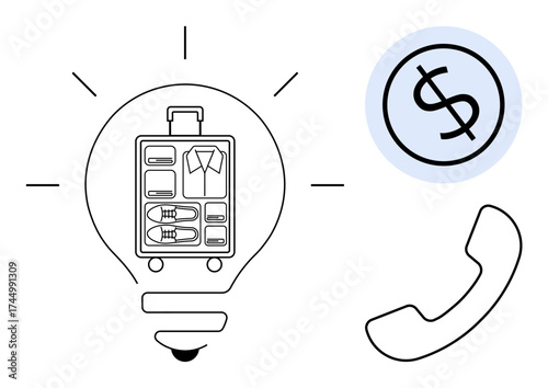 Lightbulb with suitcase and packed items, dollar sign in a circle, phone receiver. Ideal for travel planning, budgeting, innovation, communication, services finance and logistics. Simple flat
