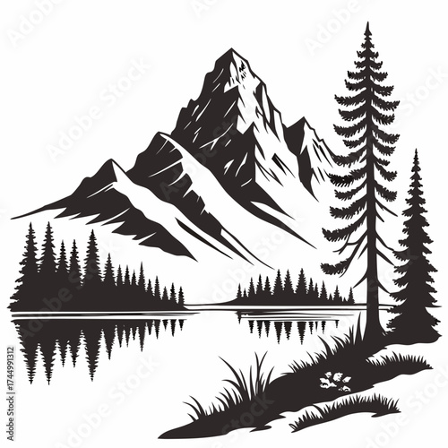 Monochrome mountain landscape with fir trees and lake perfect for logo, emblem, badge, sticker, print design and much more