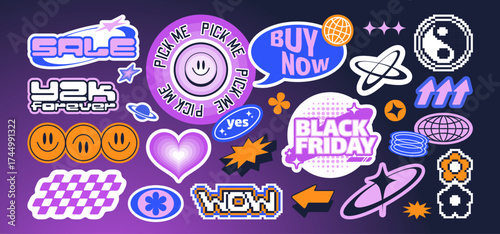 Retro y2k label collection with Black Friday, sale badges and cosmic elements for promotional designs or sticker packs. Digital nostalgic elements and icons with smiling faces, planets and hearts.