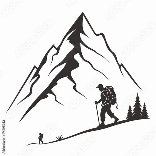 A striking black and white illustration depicts a hiker making their way up a steep mountain path, with another figure in the distance, the scene captures the essence of a challenging hike