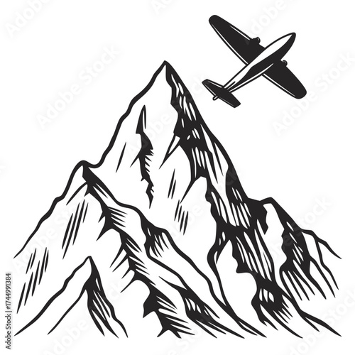 Vintage airplane soars above a rugged mountain range, evoking a sense of adventure and exploration in a timeless black and white illustration