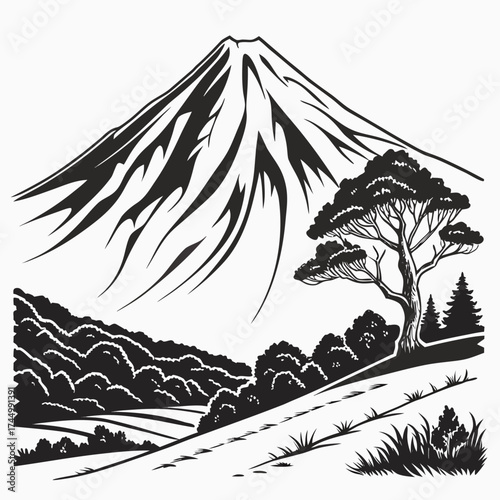 Majestic mountain landscape with a towering peak, lush hillside, and a solitary tree, a serene scene of natures beauty and tranquility in monochrome