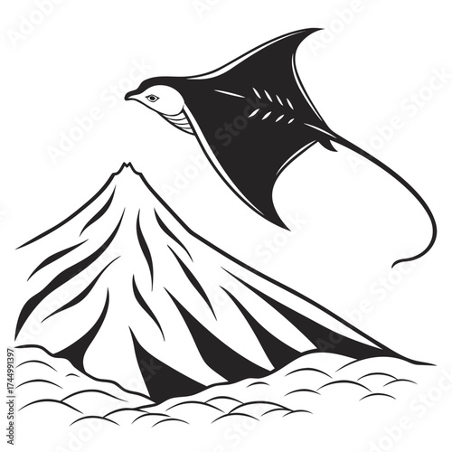 A manta ray gracefully soars above a majestic mountain peak, a captivating fusion of marine and terrestrial elements in monochrome