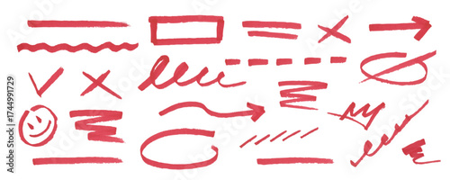 Realistic set of red marker elements and lines for underlining, highlighting text. Hand drawn texture scribble pen stroke. Curved doodles for design sketch, banner, collage and note.