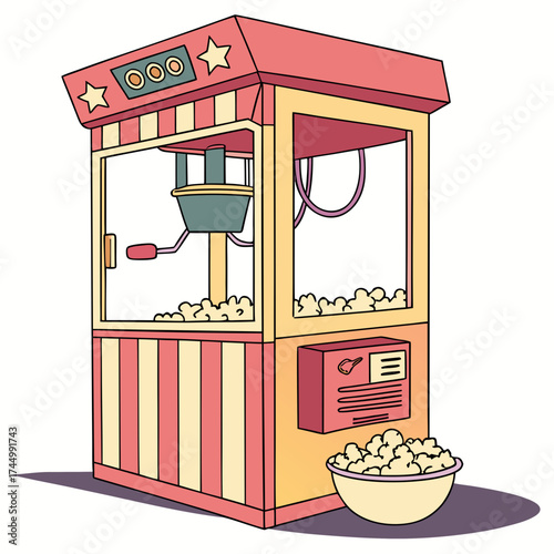 Vintage popcorn machine with a bowl of popcorn, a charming vector illustration of a classic concession stand staple, evoking nostalgia and fun