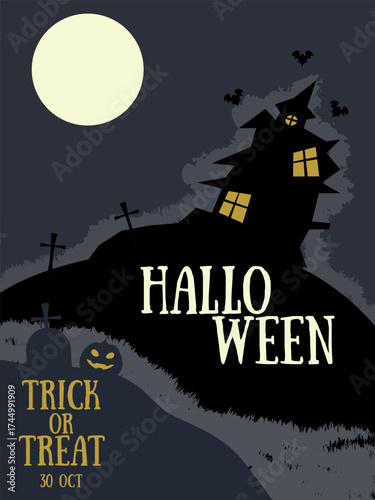 Halloween poster with a crooked haunted house on a hill under the moonlight. Spooky vector illustration suitable for party invitations, flyers, or festive holiday designs.