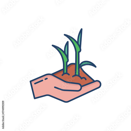 A hand holds earth with sprouting plants in a colorful illustrative style