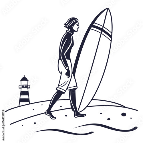 Surfer walking on the beach with surfboard a man with a surfboard on the beach near the lighthouse summer sport and vacation illustration for print and web
