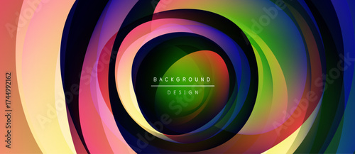 Abstract colorful layers forming circular pattern. Center text reads background design. Dark background provides contrast.