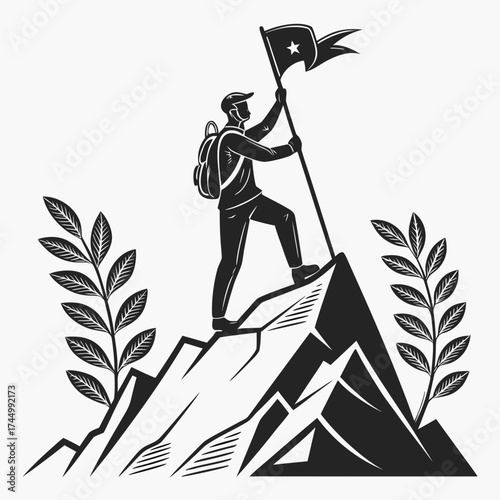 Illustration of a man planting a flag on a mountain peak, symbolizing success, achievement, and leadership, represents ambition and determination