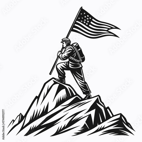 Illustration of a man planting an american flag on a mountain peak, symbolizing patriotism, achievement, and national pride, represents strength and resilience