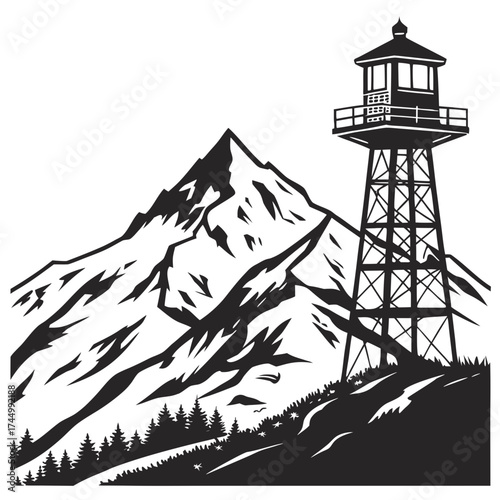 A striking black and white vector illustration showcases a mountain range with a fire lookout tower, , evoking a sense of wilderness and adventure