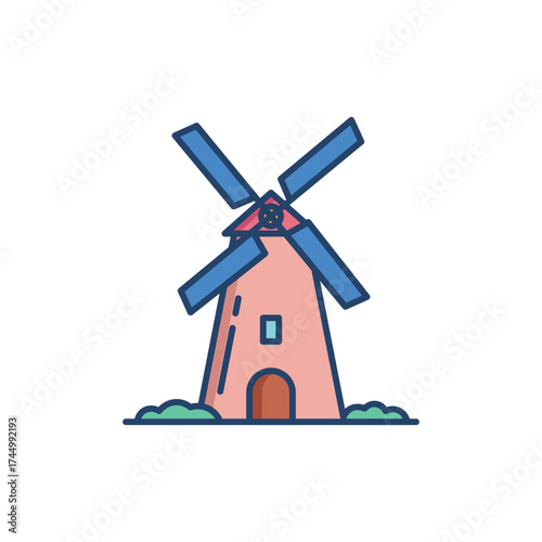 A pink windmill with blue sails stands on green grass