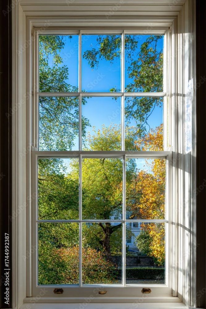 Fototapeta premium View Through a Classic White Window Frame Featuring Autumnal Trees and a Bright Blue Sky