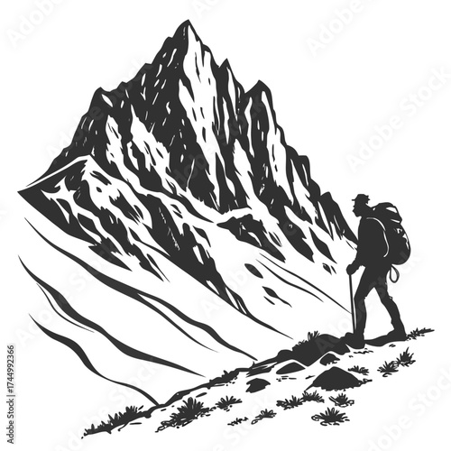 Silhouette of a hiker ascending a mountain, rendered in black and white, capturing the spirit of adventure and the challenge of conquering nature