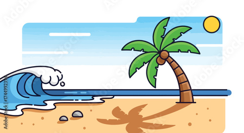 A lone palm tree casts a shadow on a sandy beach next to a breaking ocean wave.
