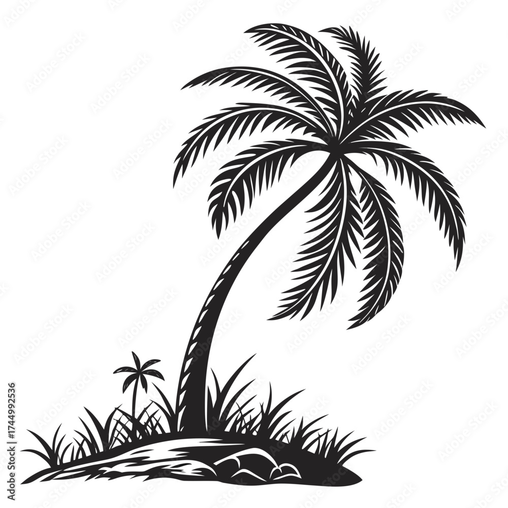 Fototapeta premium A detailed black and white vector illustration of a palm tree on an island with grass and rocks, , perfect for tropical or naturerelated projects