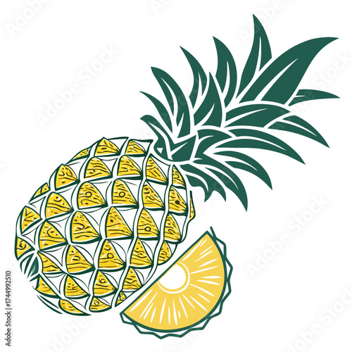 A vibrant vector illustration showcasing a whole pineapple with a slice cut off, , perfect for summer themes, tropical designs, or healthy eating promotions