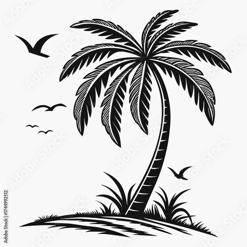 A striking black and white vector illustration of a palm tree with birds flying around, , ideal for tropical, beach, or naturethemed designs