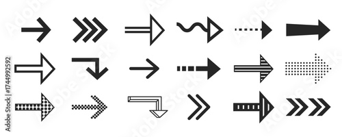 Different arrow signs set isolated on white background. Vector illustration of narrow direction signs with thin lines, triangle pointer, dotted design, navigation pointers kit, flat route symbols