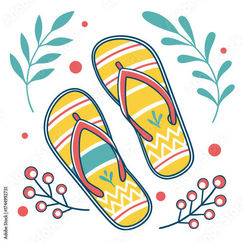 A cheerful vector illustration features a pair of yellow flipflops with red straps, decorated with playful patterns, surrounded by delicate branches and berries