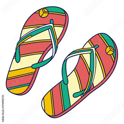 A lively vector illustration presents a pair of striped flipflops in shades of coral, yellow, and green, perfect for a sunny day at the beach