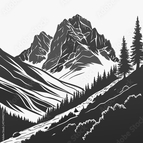 A majestic mountain range landscape, , showcasing the grandeur of nature, the serenity of the wilderness, and the timeless beauty of the peaks